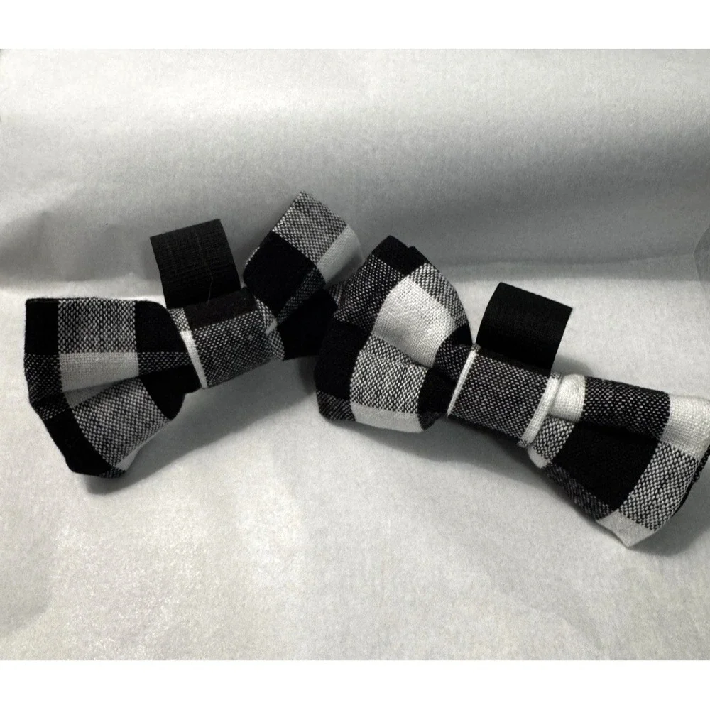 2 Black‎ and White Plaid Dog Bow Tie Attach to Collar Hook and Loop Cotton